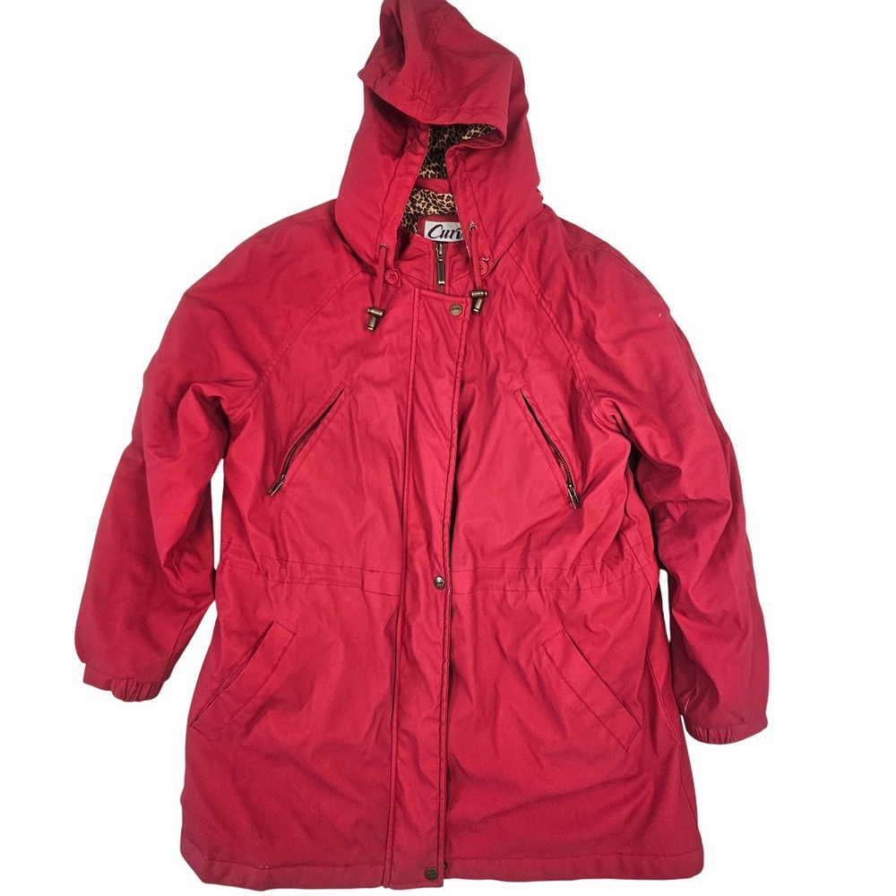 Curves Women Red Hooded Parka JacketLeopard Print Lining Large L Zippered Pocket